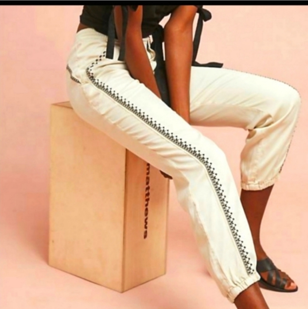 Anthropology Stylish Cream Pants with Black Detailing